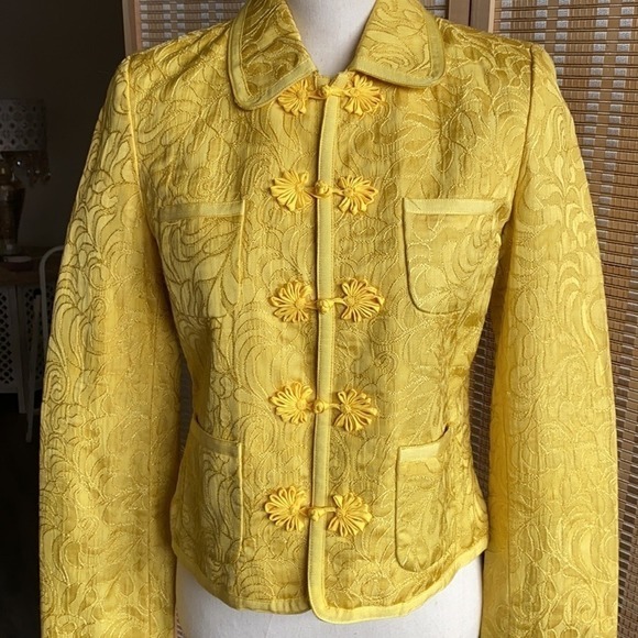 Yellow Floral Embossed Oriental Style Jacket Asian Inspired Cropped  size Small‎ - Picture 6 of 15